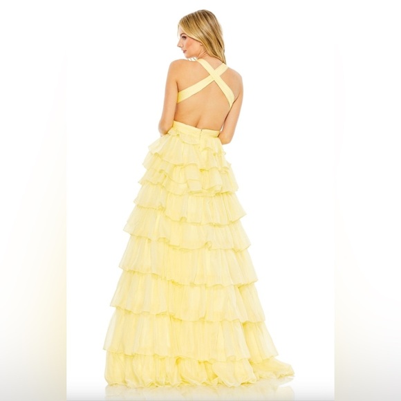 Mac Duggal 67988 Yellow Chiffon Halter Tiered Gown with Plunge Neckline, size 16 - Picture 3 of 7
